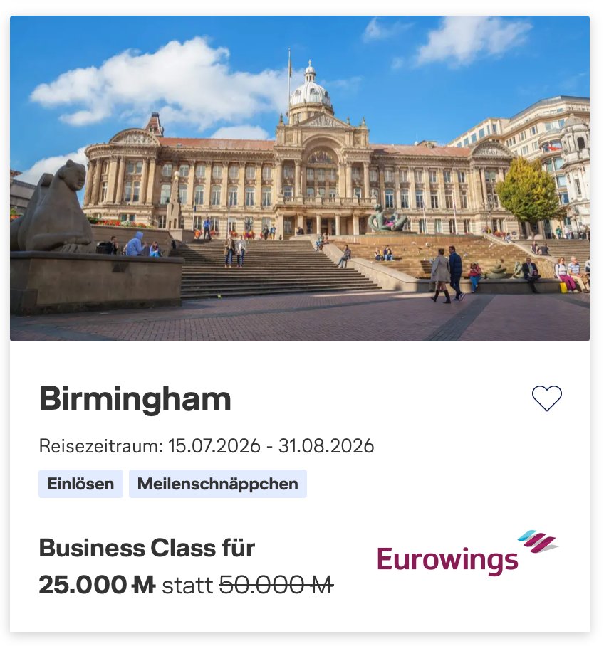 Meilenschnäppchen Birmingham – Business Class für 25.000 statt 50.000 Meilen